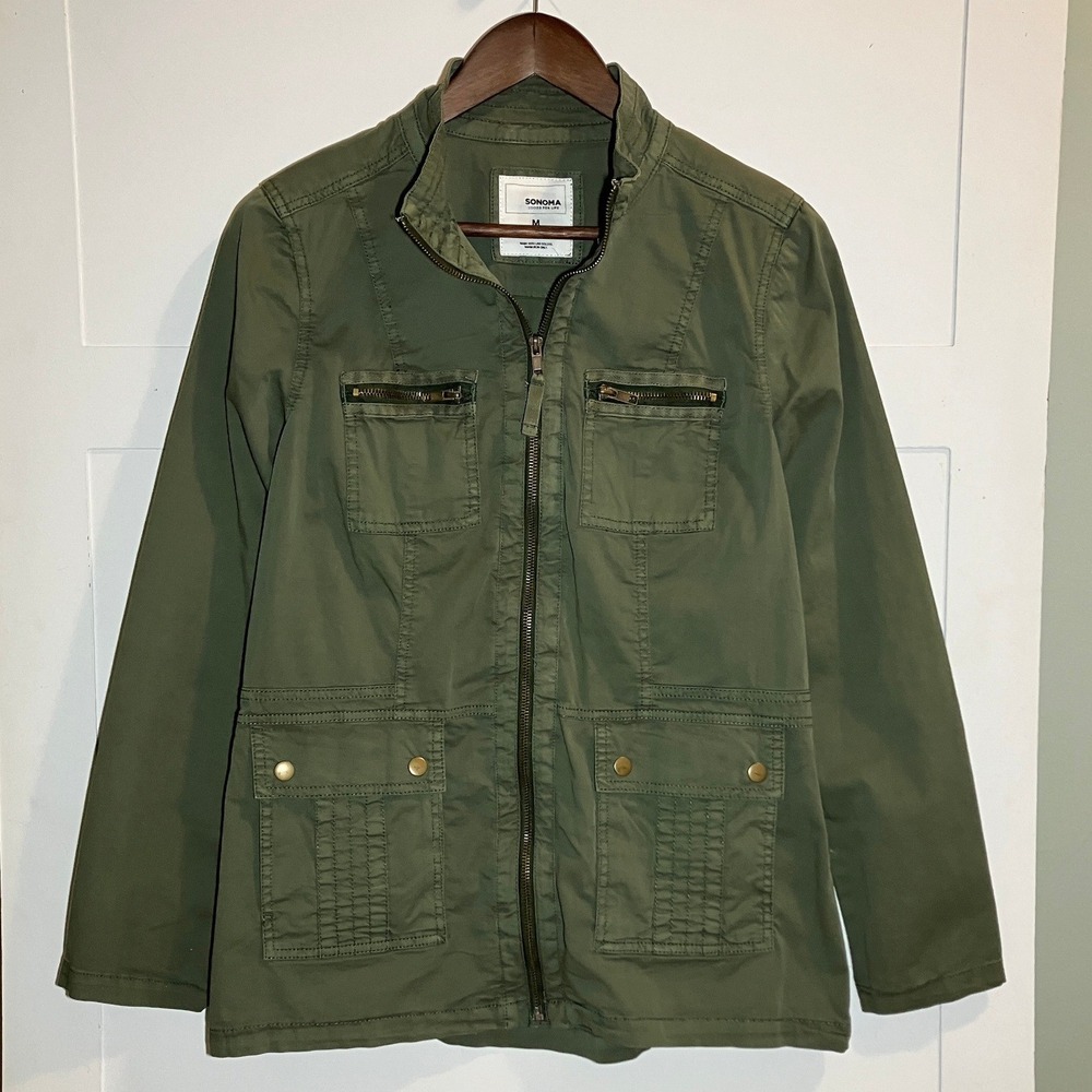 Sonoma Women's Medium Utility Jacket Olive Green‎ Field Coat Pockets Cotton Zip